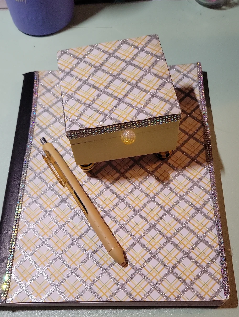 Yellow Plaid Hardcover Notebook with Glitter Accent, Trinket Box, And A PEN!